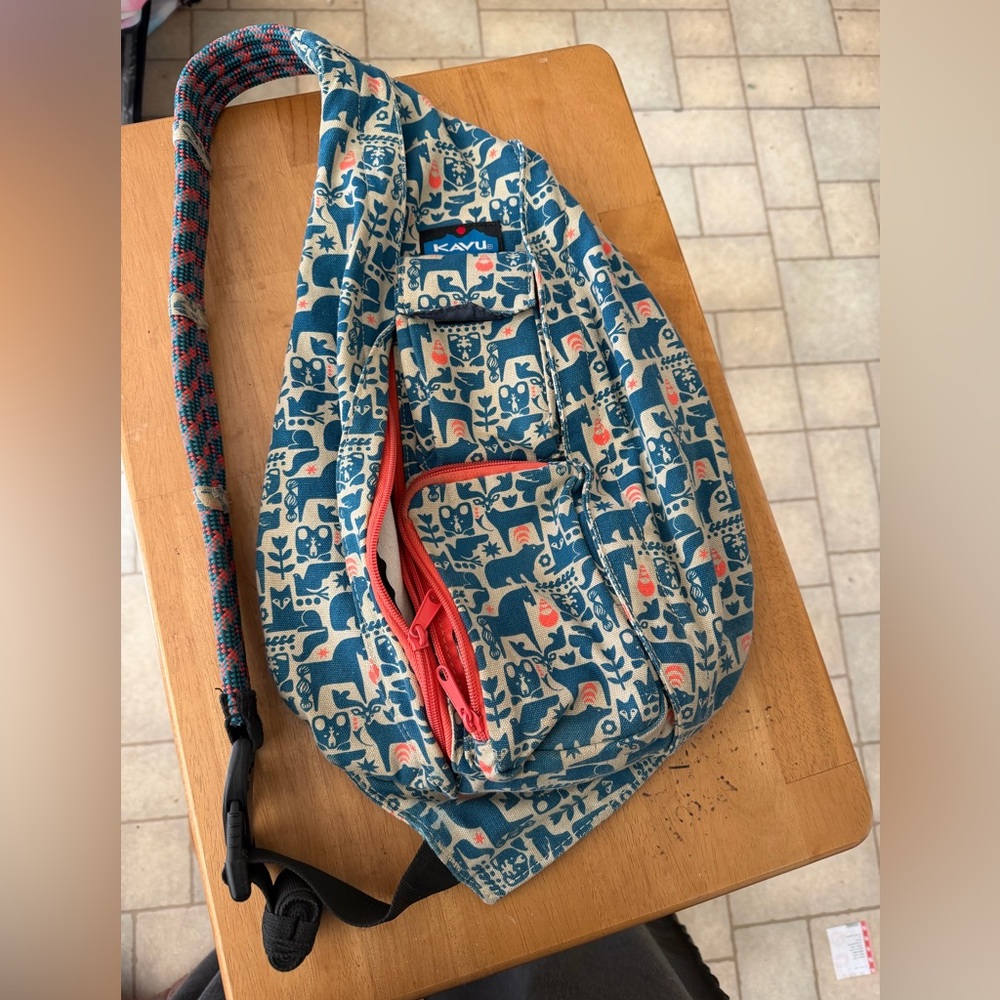 KAVU Blue and Red Elephant Print Backpack